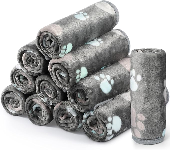 Tegeme 12 Pcs Pet Blankets Soft Fluffy Fleece Dog Cat Warm Paw Print Pattern Blankets Flannel Throw for Pets Dog Puppy Cat(23 x 16 Inch,Dark Gray)