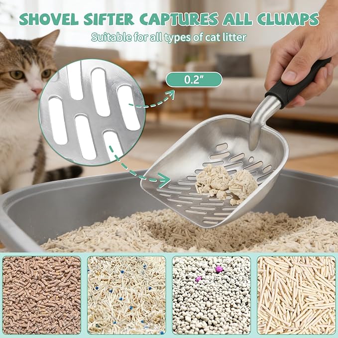 Heavy-Duty Cat Litter Scoop with Holder, Metal Cat Scooper and Detachable Trash Can,Aluminum Kitty Poop Shovel Captures All Clumps,Speed Sifter Litter Box Scooper and Caddy with Lid(Green)