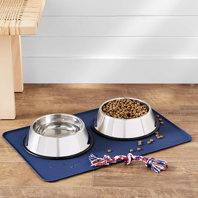 Amazon Basics Waterproof Non-Slip Silicone Pet Feeding Mat with Raised Edges, Prevents Spills, Easy to Clean, Protects Floors for Cat & Dog Food and Water Bowls, 24 x 16 Inches, Blue