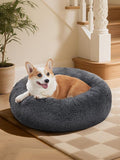 OhGeni 31 inches Calming Donut Orthopedic Dog & Cat Bed for Medium Pets, Warming Comfort Fluffy Long Pile Fur, Durable Waterproof Machine Washable Removable Cover, Cute Round Bed for Puppy, Dark Gray