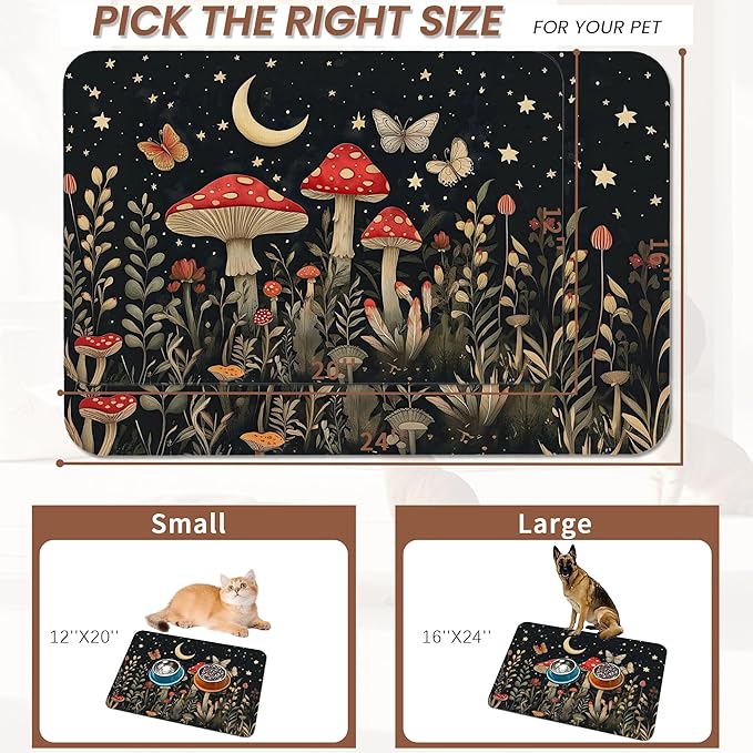 Red Mushrooms Pet Feeding Mat,Wildflower Plant Butterfly Absorbent Quick-Dry Cat Dog Food and Water Bowl Mats,Non-Slip Rubber Backing Mat,Cat Dog Accessories Supplies 16"x24"