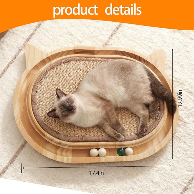 Wooden Interactive Cat Scratcher Toy with Ball Track, Sisal Scratch Pad for Indoor Cats, Kitten Toys for Chasing Hunting Mental Physical Exercise(17.4in*12.99in)