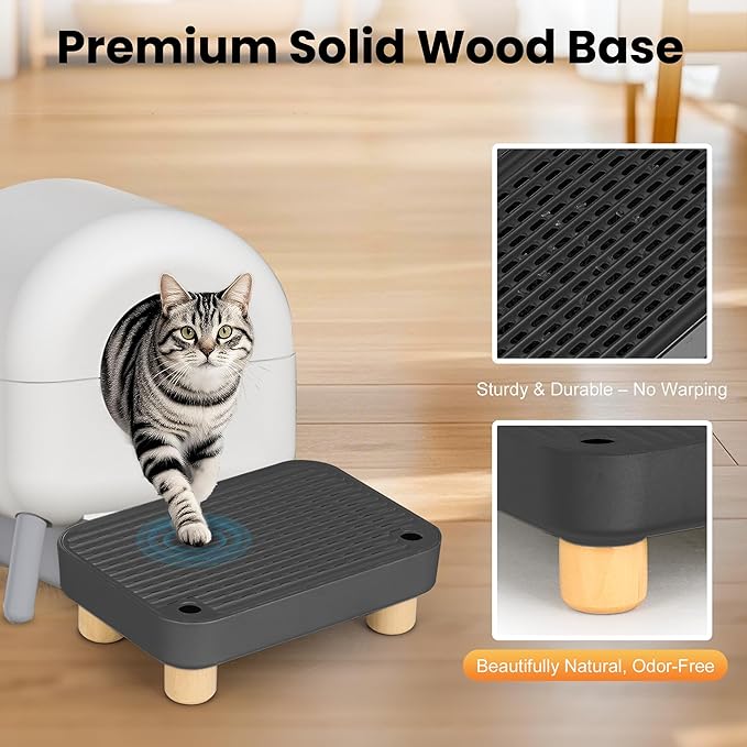 Litter Box Step, Litter Box Ramp/Catcher with Wooden Base, Anti-Tracking & Easy to Clean, Ideal for Small & Elderly Cats (Black)