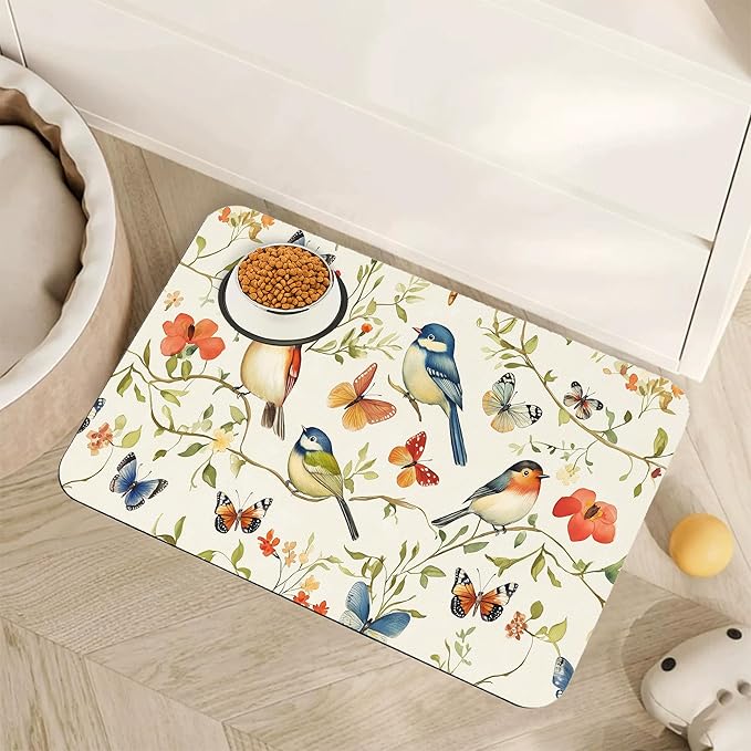 Butterfly Bird Dog Food Mat for Floors,Vintage Nature Absorbent Pet Food and Water Bowl Mats,Non-Slip Pet Feeding Mat,Pet Supplies 16" x 24"