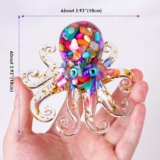 Octopus Decor Aquarium Decorative Resin Glass with Natural Crystal Stone Marine Animals Fish Tank Ornaments Statue Healing Home Decor Ladies Gift 3.93"