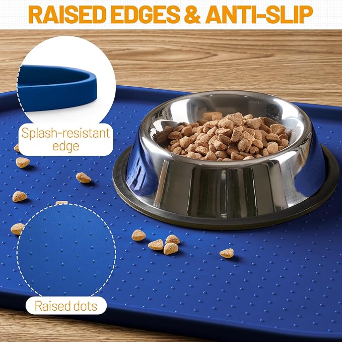 Hubulk 100% Waterproof Silicone Pet Feeding Mat with Raised Edge for Food and Water, Dog Bowl Mats, Cat Bowls Placemat with High Lip Protects Floor for Cats and Dogs (Navy Blue, 19" L x 12" W)