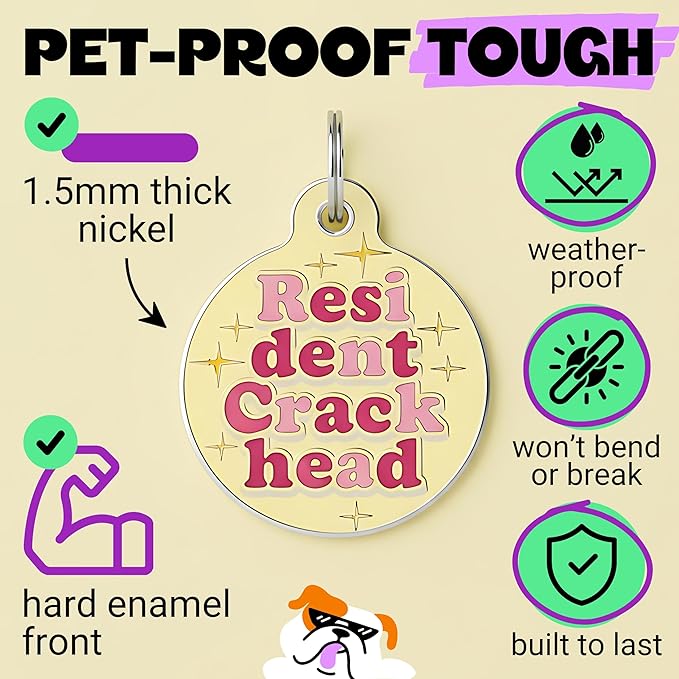 Bad Tags Personalized Dog and Cat ID Tags in 25+ Designs and 2 Sizes - 5 Lines of Custom Engraved Text - Funny Cute Personalized Pet Tags (Resident Crackhead - Yellow, Small (1 inch))