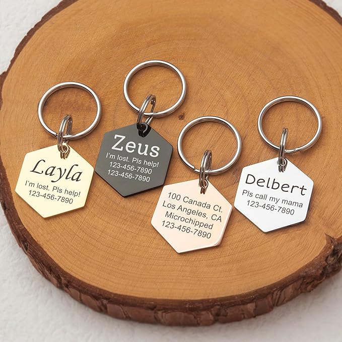 Anavia Personalized Pet ID Tags, Stainless Steel Glossy Laser Engraved Dog Cat Collar Name Tags, Multiple Colors Shapes Sizes (Hexagon, Regular)