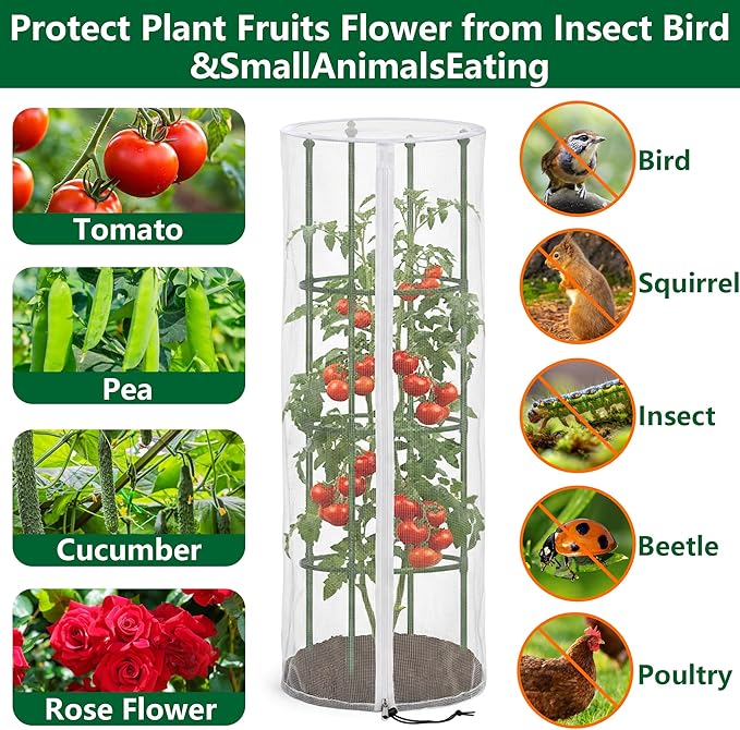 4 Pcs Garden Bird Netting for Round Plant Cage, 59" x 18" Tomato Cage Garden Net Cover with Zipper, Tomato Trellis Insect Bird Barrier Protection Mesh for Vertical Climbing Plants Vegetables Fruits