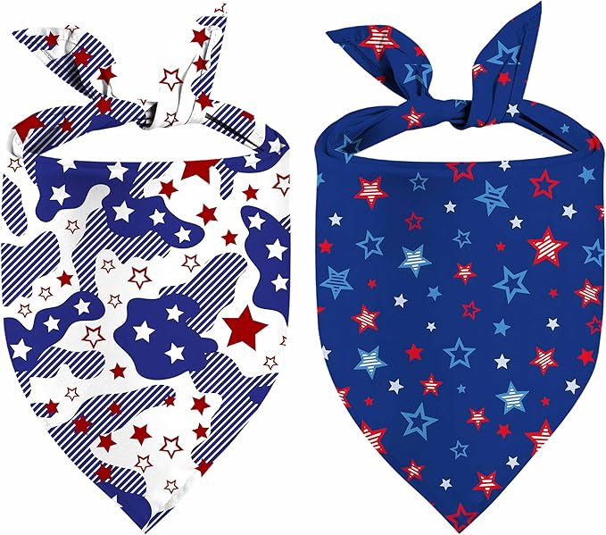 4th of July Dog Bandanas, 2 Pack Reversible USA Patriotic Bandana for Boy and Girl, Premium Durable Fabric, American Flag Pet Scarf for Small Medium Large and Extra Large Dogs
