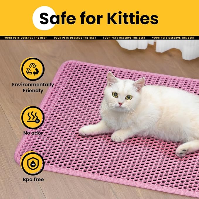 Cat Litter Mat New Size 23.6"x14.6" for Small Spaces, Upgrade Super Waterproof Back Layer Litter Box Mat, Non Slip, Durable, Soft on Paws Kitty Trapping Matt, Pink
