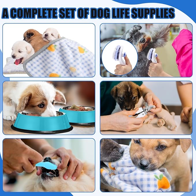 Abbylike 50 Pcs Puppy Supplies Starter Kit for Small Dogs Puppy Essentials Includes Leash, Bowls, Teeth Brushes, Water Bottle, and More Accessories for Dogs Pet Day Welcome Gift(Blue)
