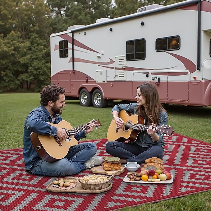GENIMO Christmas Outdoor Rug for Patio Clearance, 6'x9' Reversible Plastic Straw Rugs, Lightweight Waterproof RV Camping Mat for Camper, Balcony, Deck, Backyard, Picnic, Red Grey