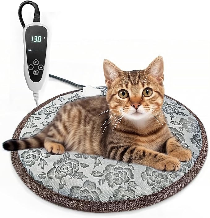 Cat Heating Pad Round with Smart Thermostat Switch and Power Line Protection Tube,Obtained MET and UL Dual Certification,Waterproof Pet Heating Pad for Cats-Rose