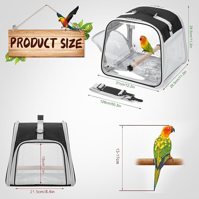 Suertree Small Bird Carrier, Large Window Travel Cage with Stand and Easy Clean Tray for Parrot Parakeet Cockatiels, Lightweight and Portable, Black
