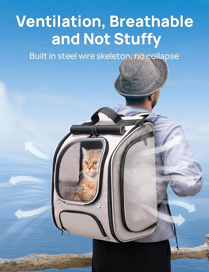 Pecute Cat Backpack Carrier, Large Space Cat Bubble Backpack, Breathable Cat Carrier, Shaded Dog Backpack Carrier, Ergonomic 3D Design for Travel, Hiking, Walk, Suitable for Shopping, Car, Vet, Khaki