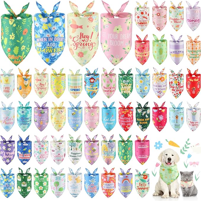 Chunful 50 Pcs Spring Dog Bandanas Floral Dog Bibs Seasonal Pet Costume Adjustable Cat Puppy Spring Outfit Cute Washable Triangle Scarf Kerchief for Small to Medium Pet