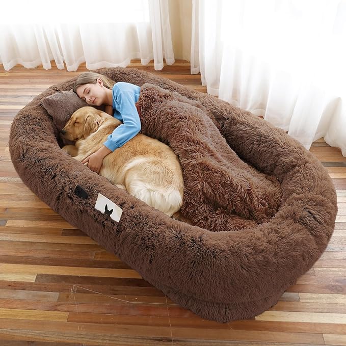 Human Dog Bed, 71''x45''x12'' Size Fits You and Pets, Washable Faux Fur Pet Bed for People Doze Off, Napping Orthopedic Dog Bed, Present Plump Pillow, Blanket, Strap - Coffee