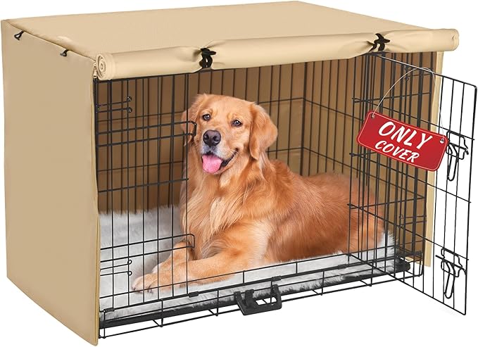 Dog Crate Cover - Double Door Waterproof Pet Kennel Cover, Durable 600D Polyester Protective Cage Cover for 24/30/36/42/48 Inch Dog Crate - Beige