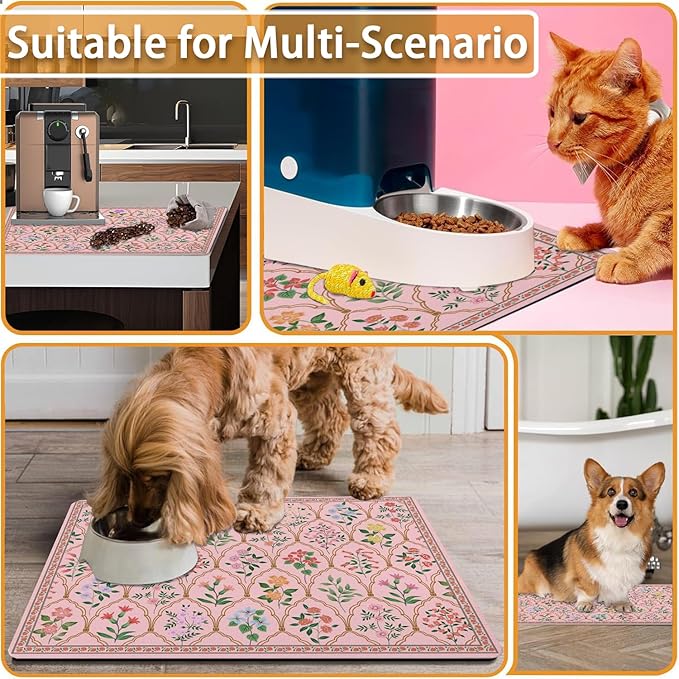 Absorbent Pet Dog Bowl Mat for Food and Water, Pet Cat Food Feeding Mat with Non Slip Rubber Backing, Dog Food Mats for Floors Waterproof, 16"x24"