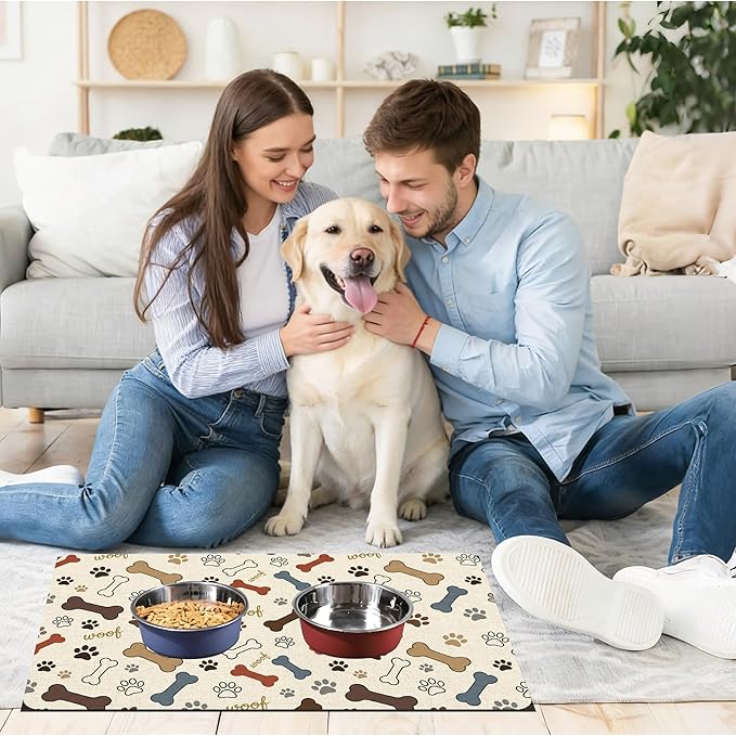 Dog Feeding Mat 20 x 12 Inch, Neutral Paw Bone Woof Dog Placemat Absorbent Quick-Dry for Food and Water, Waterproof Non Slip Rubber Pet Bowl Pad Mat for Floors
