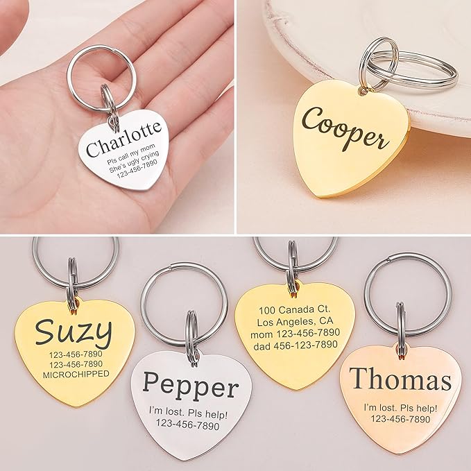 Anavia Personalized Pet ID Tags, Stainless Steel Glossy Laser Engraved Dog Cat Collar Name Tags, Multiple Colors Shapes Sizes (Heart, Regular)