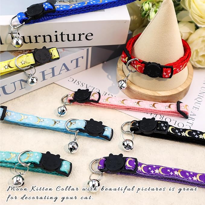 8 PCS Cat Collars with Bell Moons Stars, Reflections Cat Collar with Bells, Breakaway Cute Kitty Collar for Cats, Pet Gifts, Accessories (8 Colors)