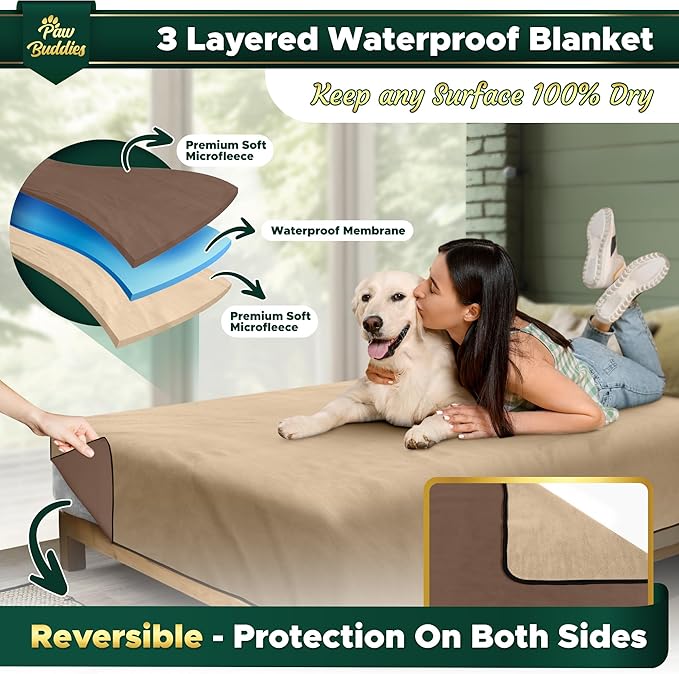 Paw Buddies Waterproof Blanket 80"x90" – Reversible Microfleece Throw for Couples, Pets & Family – Leakproof, Machine Washable Bed & Sofa Protector for Home or Travel