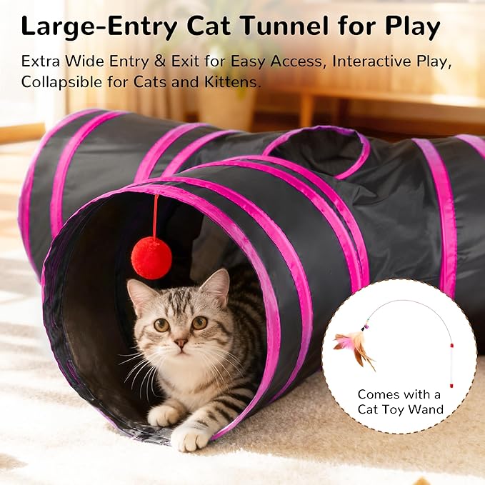 Tempcore Pet Tube Toys 3 Way Collapsible, Cat Tunnels for Indoor Cats，Kitty Bored Pet Toys with Peek Hole & Ball Cat, Puppy, Kitty, Kitten, Rabbit, Rose Red