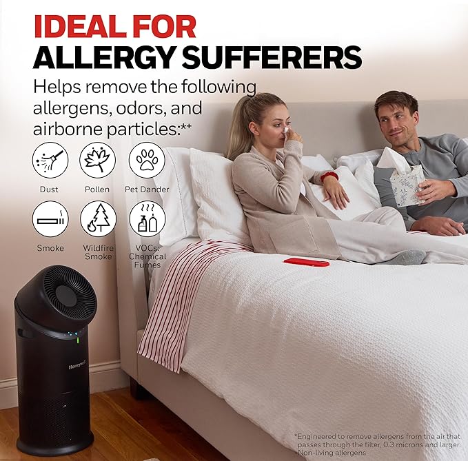Honeywell Allergen Plus™ 3-in-1 HEPA Air Purifier, Fan & Air Circulator, 1928 Ft² Rooms in 1 hour, Air Quality Sensor, Sleep Mode, Reduces Allergens, Pet Dander, and Odors, Black, HPA6000B