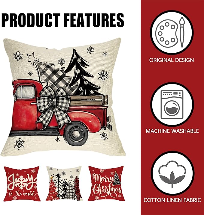 Fahrendom Merry Christmas Decorative Throw Pillow Covers 18 x 18 Set of 4, Xmas Tree Truck Joy to The World Porch Patio Outdoor Pillowcase, Winter Holiday Snowflake Sofa Couch Cushion Case Home Decor