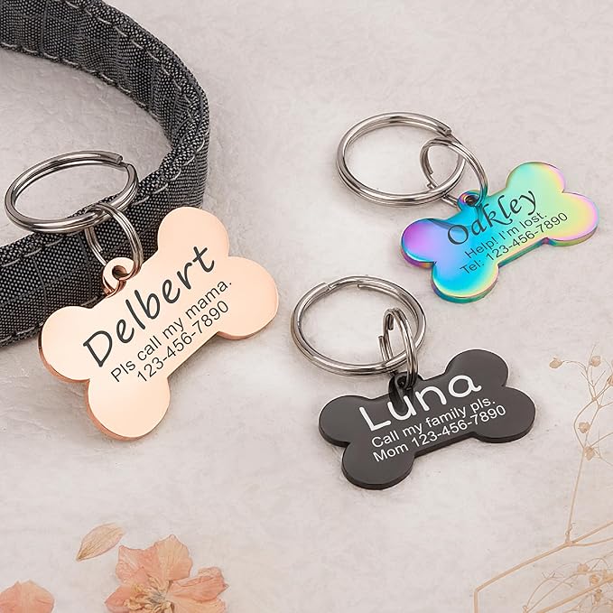 Anavia Personalized Pet ID Tags, Stainless Steel Glossy Laser Engraved Dog Cat Collar Name Tags, Multiple Colors Shapes Sizes (Bone, Small)