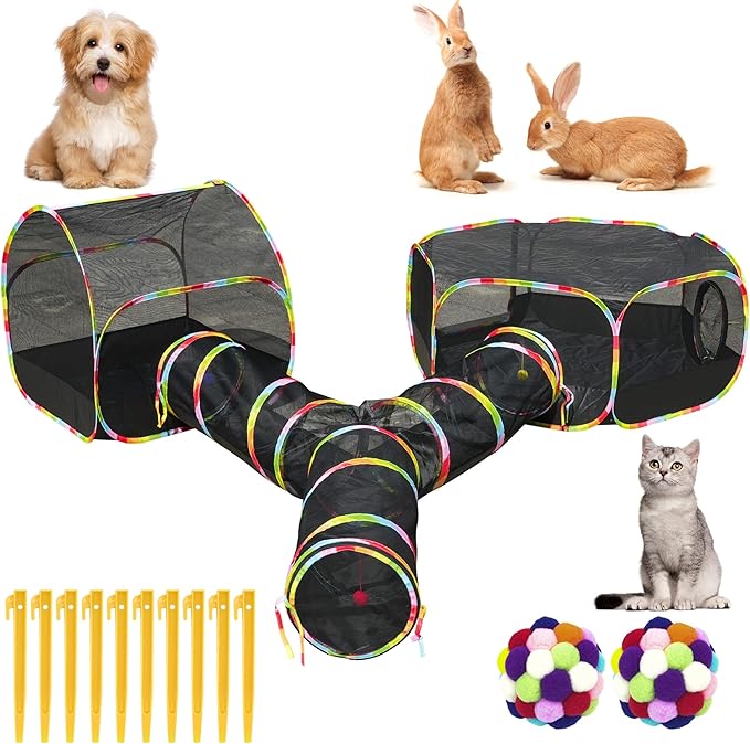 Outdoor Cat Enclosure with Cat Tunnel, Tent, Playhouse and Cat Toy Ball with Bell - Portable Indoor/Outdoor Playpen for Small Cats & Animals