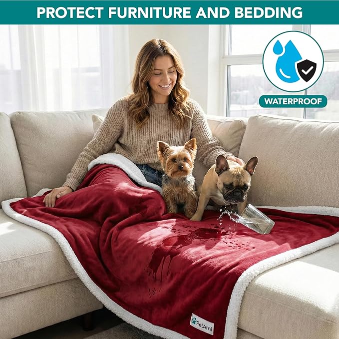 PetAmi Waterproof Dog Blanket for Medium Large Dog Puppy Cat Throw for Couch Cover Leakproof Protection, Sherpa Fleece, Reversible Soft Washable 60x40 Wine Red