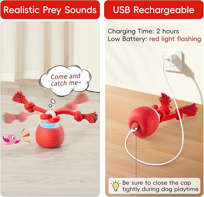 Potaroma Interactive Dog Ball Toys Touch Activated, Rechargeable, Squeaky Dog Toy, Moving Ball for Pup with Rope for Medium Small Dogs Puppy Dark Red