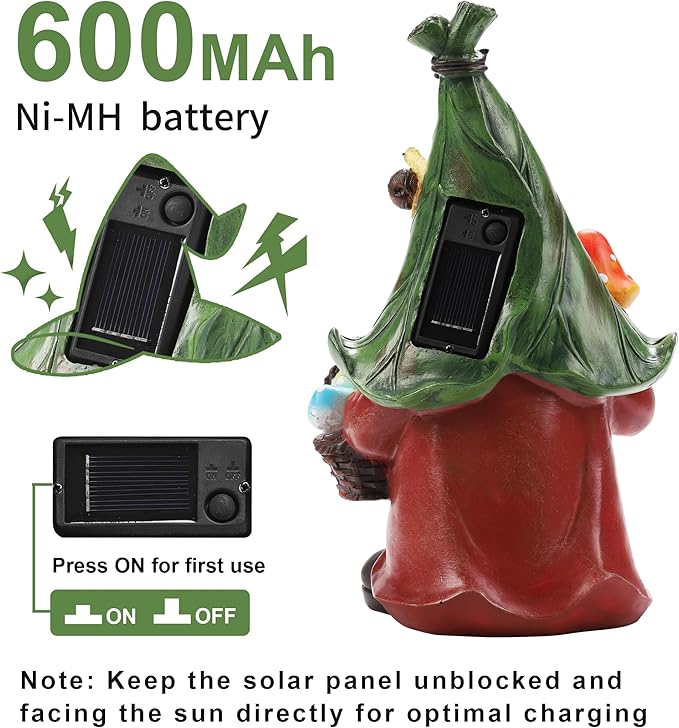 Mushroom-Picking Gnome Solar Garden Statue with 3 LED Lights, Set with 1 Gnome and 2 Small Mushroom, Lovely Garden Gnome Set for Patio, Yard, Lawn Ornament, Outdoor Christmas Decor