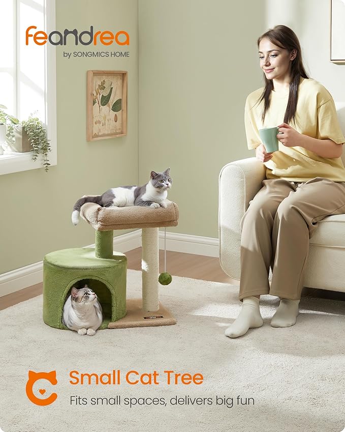 Feandrea Cat Tree, Small Cat Tower with Sisal Scratching Post, Plush Condo with Padded Perch, for Small Spaces, Kittens, Grass Green and Camel Brown UPCT050C01