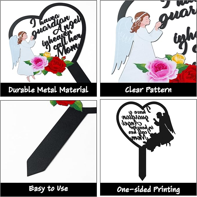 BUoonyer Stake Graves Cemetery Decorations - Mom Metal Memorial Grave Marker, Mother Heart Graveyard Sympathy Plaque, Angel Flower Remembrance Graveside Burial Decor Sign for Outside Yard Garden