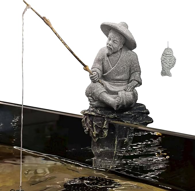 LIYAOLI Mini Fisherman Statue for Aquarium Decor - Sandstone Japanese Fishing Figurine, Fish Tank Ornament, Zen Garden Sculpture & Home Decoration