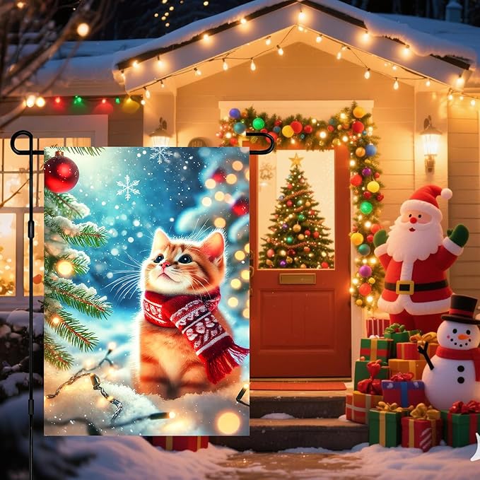 Christmas Garden Flag Winter Flag Cute Kitten Scarf Snow Scene Outdoor Yard Decor 12x18 Inch Double Sided Banner For Front Yard Porch Lawn Patio Seasonal Home Decoration Festive