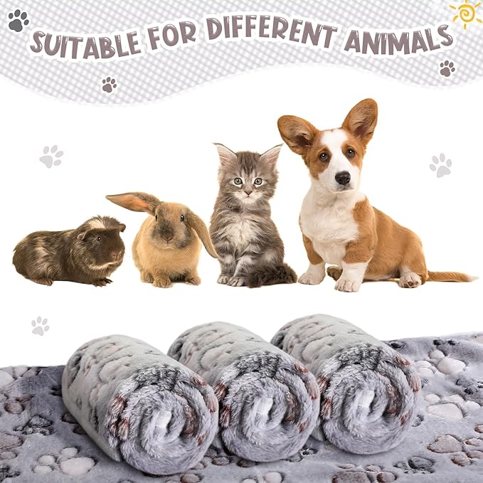 Tegeme 8 Pcs Fleece Dog Blankets for Small Dogs Cat Soft Coral Velvet Warm Sleep Mat Fluffy Dog Paw Print Blanket for Kitten Doggy Small Animal(24 x 16 Inch,Gray)