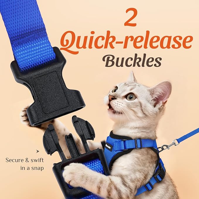 Dooradar Cat Harness and Leash Set, Escape Proof Safe Adjustable Kitten Vest Harnesses for Walking, Easy Control Soft Breathable Mesh Jacket with Reflective Strips for Cats, Blue, M
