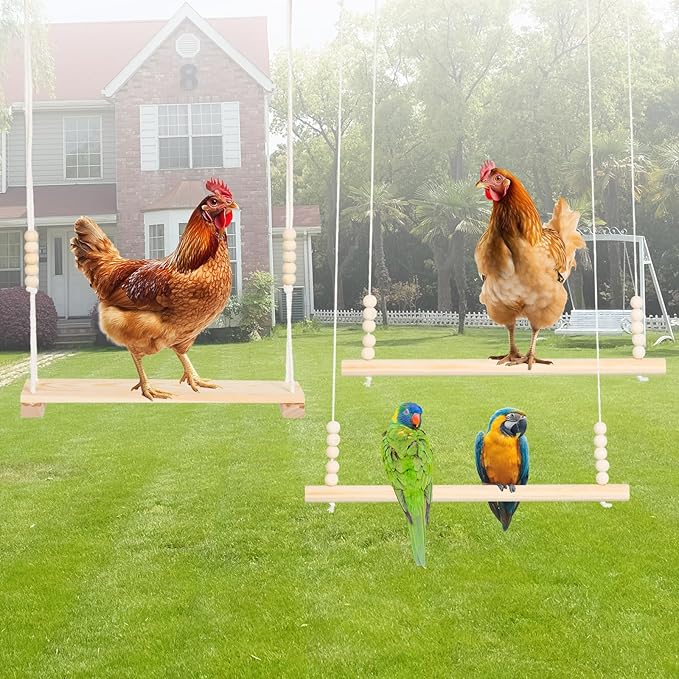 Chicken Swing,3PC Natural Wood Chicken Toys for Coop,Easy Install Chicken Perch, Fun Poultry Toys for Hens, Roosters&Birds