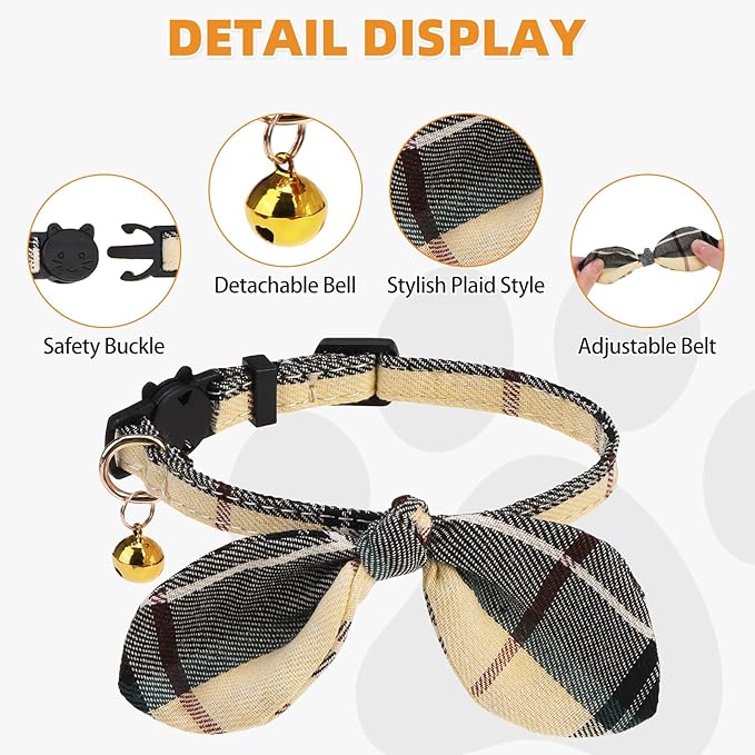 KOOLTAIL Cat Collar Breakaway with Bowtie and Bells, 2 Pack Cute Kitten Collars for Boys & Girls, Classic Plaid Design with Safety Buckle Adjustable for Small Large Cats Puppy,Black & Beige