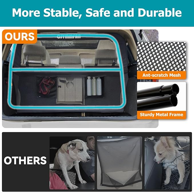 Dog Barrier for Car Back Seat & Cargo Area with Wider Coverage, Universal Fit for Cars, SUVs & Sedans, Dog Car Gate Divider with Chew-Proof Transparent Net and Sturdy Metal Frame for Backseat & Trunk