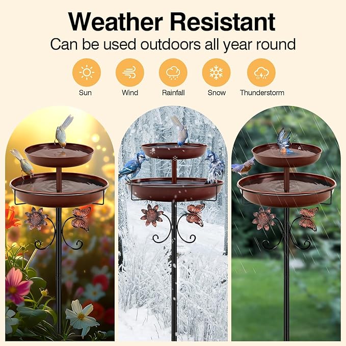 Daoeny Bird Bath for Outside, 42In Vintage Freestanding Birdbaths for Outdoors, Double Metal Bird Bath Feeder Bowls for Garden Patio Yard Lawn Decor, Upgraded 5-Pronged Base (Brown)