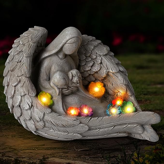 Solar Garden Decor - Memorial for Loss of Dog with Angel Statue, Solar Powered Outdoor Pet Memorial Stone & Dog Remembrance Gift for Backyard, Cemetery Handmade Eco-Resin, 7 LED Lights