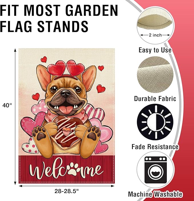 Artofy Welcome Valentines Day French Bulldog Dog Large Decorative House Flag, Red Pink Heart Yard Garden Outside Decor Pet Lover Gift, Anniversary Wedding Outdoor Home Decoration Double Sided 28 x 40