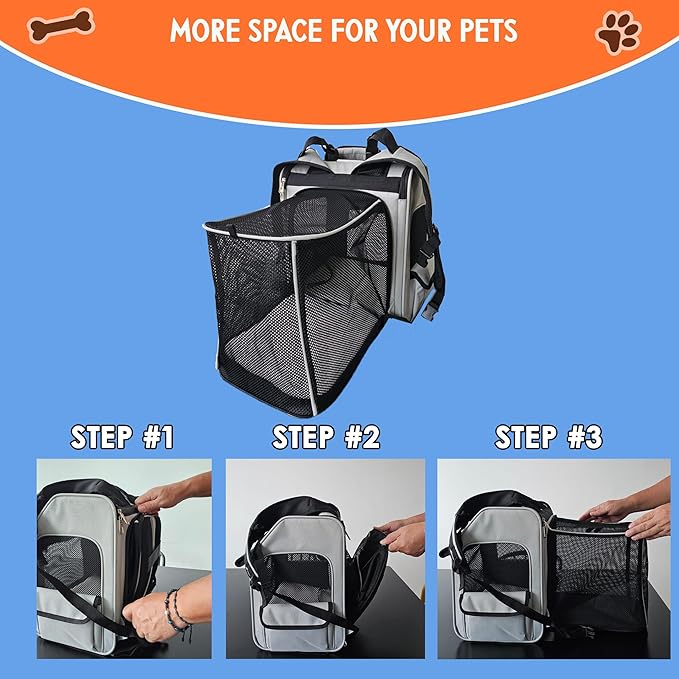 Expandable Pet Backpack Carrier – Dog & Cat, Bonus 2 Collapsible Pet Bowls, Travel Bag with 4-Way Entry, Mesh Windows, Storage Pockets, Secure Zippers, Washable Cushion