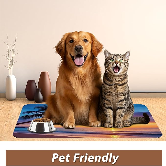 Tropical Palm Pet Feeding Mat,Sunset Trees Sea Beach Absorbent Quick-Dry Cat Dog Food and Water Bowl Mats, Non-Slip Rubber Backing Mat, Cat Dog Accessories Supplies 12"x20"